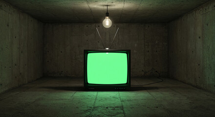 Vintage television with green screen in a dark concrete room