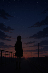 Lonely girl standing on a quiet bridge at dusk gazing at a distant glowing light under a vast starlit sky with deep twilight tones and soft clouds evoking feelings of solitude and wonder