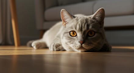 Cute British Shorthair Cat Lying on Wooden Floor in Sunlight - Domestic Animal Portrait