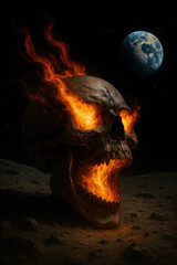 Fiery human skull engulfed in realistic flames with blazing eyes and mouth set on a dark lunar landscape with Earth visible in the starry space background high fantasy horror concept