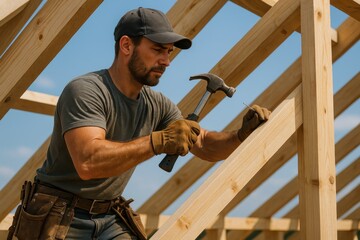 Skilled roofing contractor building wooden structure with construction expertise and professional craftsmanship