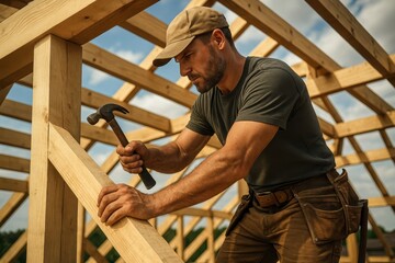 Skilled roofing contractor building wooden structure with construction expertise and professional craftsmanship