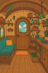 Colorful cartoon cozy wooden tiny house kitchen interior with rustic furniture shelves and fresh produce in natural lighting