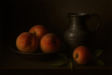 Classic still life painting of ripe peaches in a bowl with antique metal pitcher in dark moody lighting