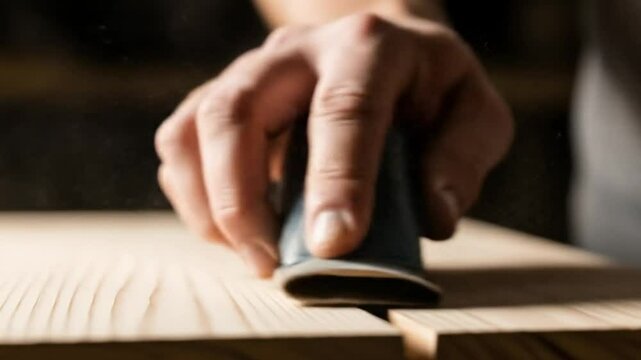 Detailed closeup process of skilled hand sanding smooth wooden surface in workshop