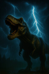 Dramatic t rex dinosaur roaring in dark forest with lightning storm in night sky for prehistoric fantasy scene