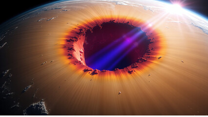 A view from the stratosphere of the ozone hole, where chlorofluorocarbon molecules destroy oxygen gas. Ultraviolet radiation penetrates the atmosphere. Scientific photography.