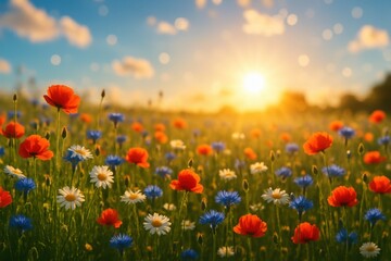 Summer Wildflower Paradise: Colorful Meadow with Sunbeams and Blue Sky Creating Natural Beauty