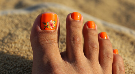 Toenails with orange nail polish and floral design