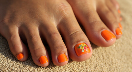 Toenails with orange nail polish and floral design