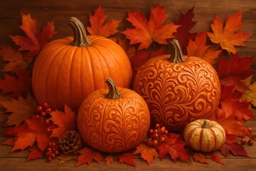 Thanksgiving autumn harvest display with ornate pumpkins and colorful fall foliage celebrating seasonal gratitude and abundance