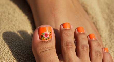 Toenails with orange nail polish and floral design