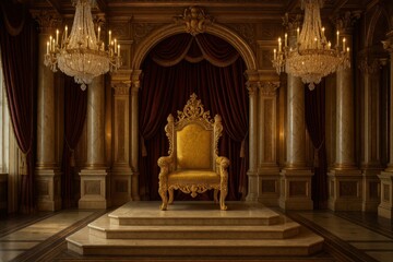 Fototapeta premium Majestic royal throne room with ornate golden decorations and crystal chandeliers in grand palace setting