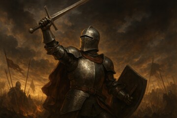 Fototapeta premium Medieval knight in polished armor raising ceremonial sword in victory pose