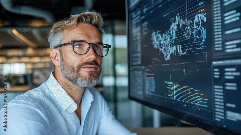 Poster professional man with glasses conducts data analysis using technology in modern office setting