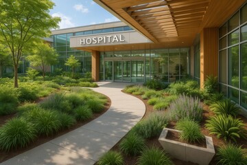 Modern medical facility entrance with healing garden and welcoming architectural design