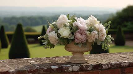 Elegant English garden bouquets in vintage vases, adorned with peonies, tulips and roses and other flowers, displayed in manor garden with dappled light and timeless floral grace