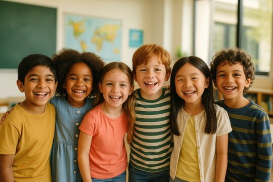 Multicultural elementary school classroom with diverse students creating inclusive educational environment