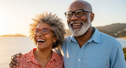 A happy mature couple embraces on an outdoor hillside while laughing during the golden hour sunset