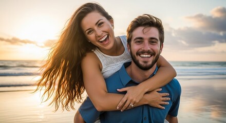A happy couple with girl riding piggyback on guy, both smiling at the beach during sunset time.