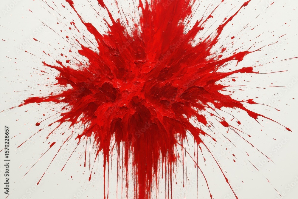 Poster dramatic crimson paint explosion with dynamic splatters and drips creating intense abstract expressi