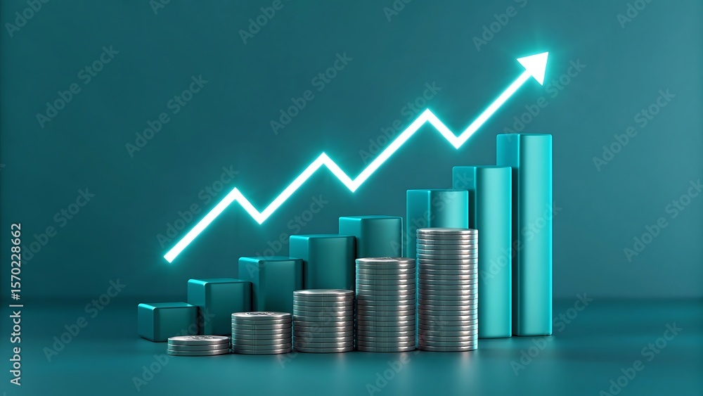 Poster glowing neon arrow chart shows upward trend with stacks of coins and teal bar graph representing fin
