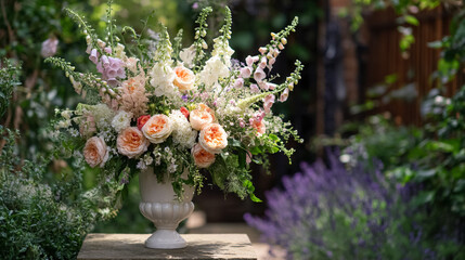 Elegant English garden bouquets in vintage vases, adorned with peonies, tulips and roses and other flowers, displayed in manor garden with dappled light and timeless floral grace