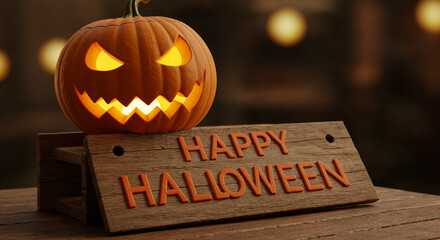 Glowing jack-o'-lantern with Happy Halloween sign