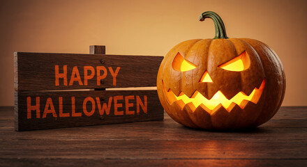 Glowing jack-o'-lantern with Happy Halloween sign