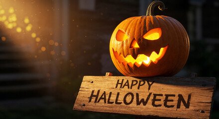 Glowing jack-o'-lantern with Happy Halloween sign