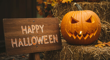 Glowing jack-o'-lantern with Happy Halloween sign