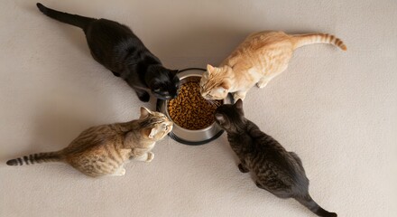 Obraz premium Four Cats Eating Food from Bowl - Group of Domestic Shorthair Cats Around Pet Food Bowl, Feline Meal Time, Top View