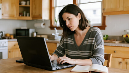 A woman works on a laptop in a kitchen, focused on the screen, writing.