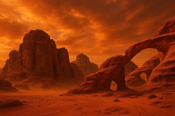 Dramatic desert landscape of Wadi Rum with towering sandstone formations under ethereal orange sunset sky