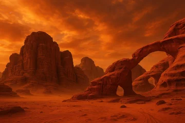 Fototapeten Dramatic desert landscape of Wadi Rum with towering sandstone formations under ethereal orange sunset sky © Bijac