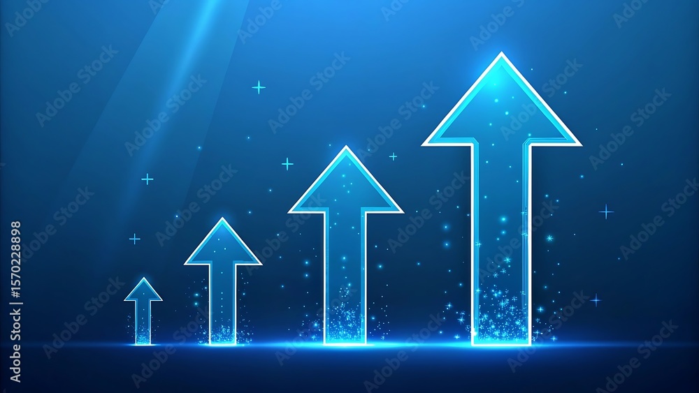 Poster digital glowing blue arrows ascending in size against a dark blue background with light rays and spa