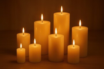 Elegant collection of handcrafted pillar candles in various heights creating warm ambient lighting atmosphere