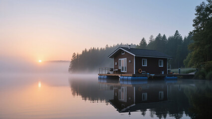 Serene sunrise over a tranquil lake, showcasing a floating cabin nestled amongst misty trees.