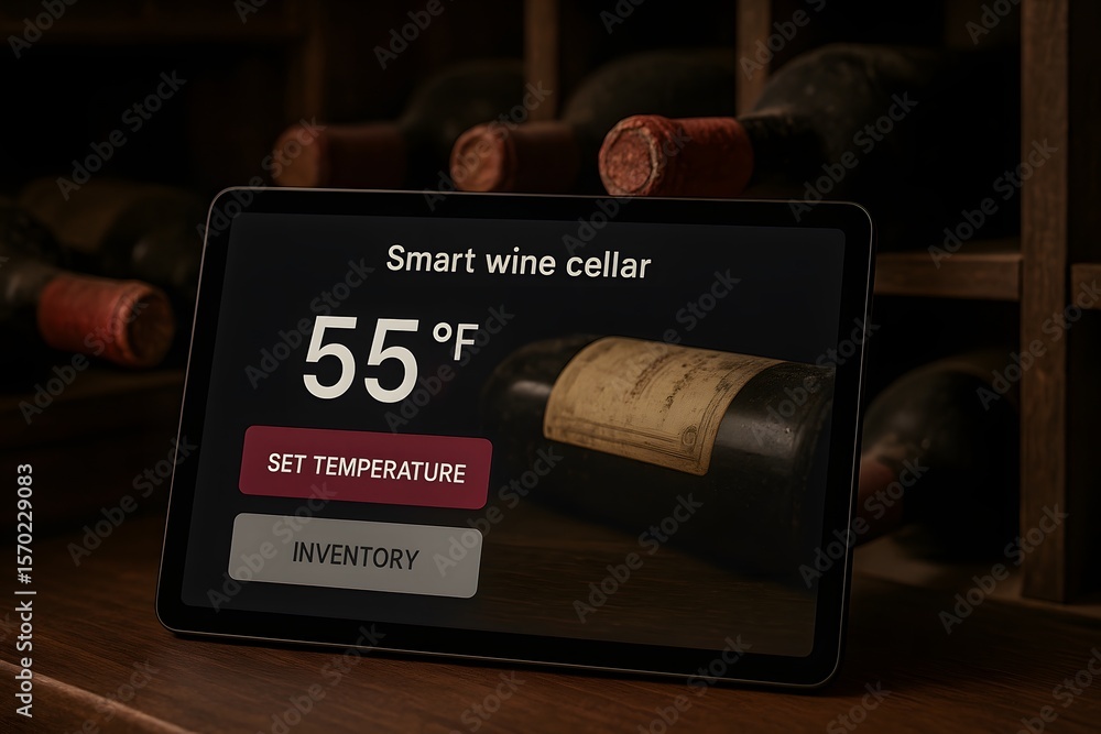 Poster smart wine cellar temperature control inventory management tablet with wine bottles display rack sys