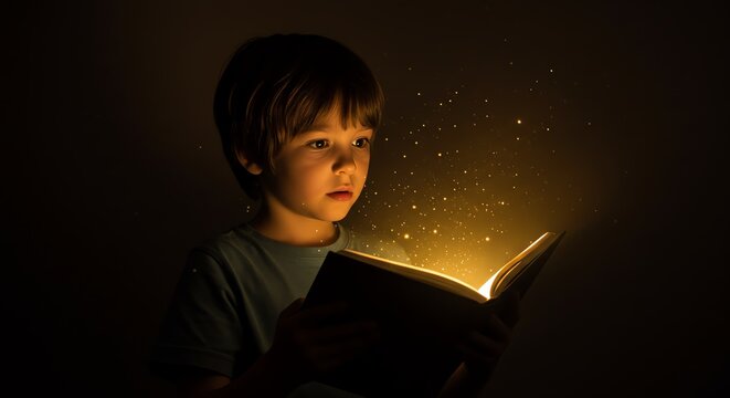 A young child engrossed in reading a book, illuminated by magical light.