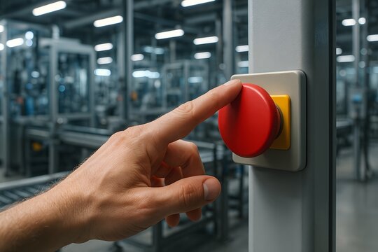 Hand pressing red emergency stop button factory safety equipment industrial automation machine control system