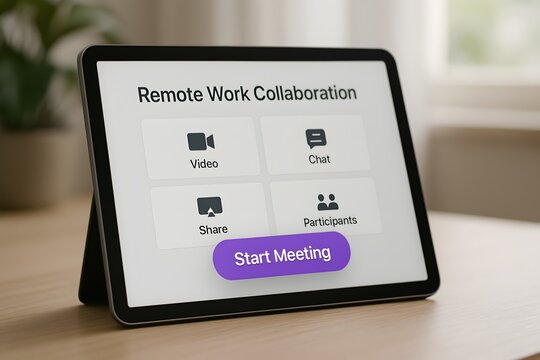 Remote work collaboration tablet video chat meeting participants share digital conference online call device - Powered by Adobe
