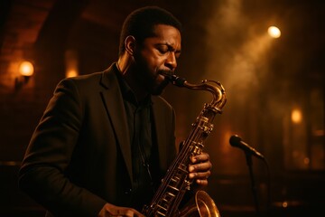 Smooth jazz performance with sophisticated musician creating atmospheric music in intimate venue setting