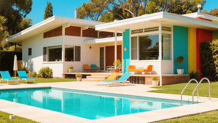 Colorful mid-century modern house with a pool and patio area under a sunny sky.