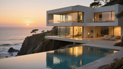Modern coastal home with infinity pool overlooking ocean during sunset.
