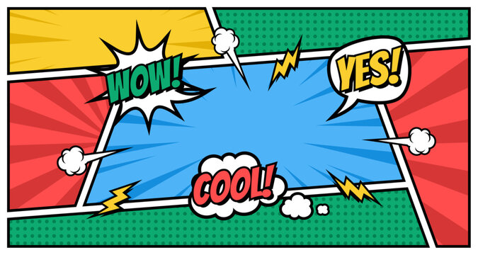 Comic Book Panel with Speech Bubbles and Action Elements