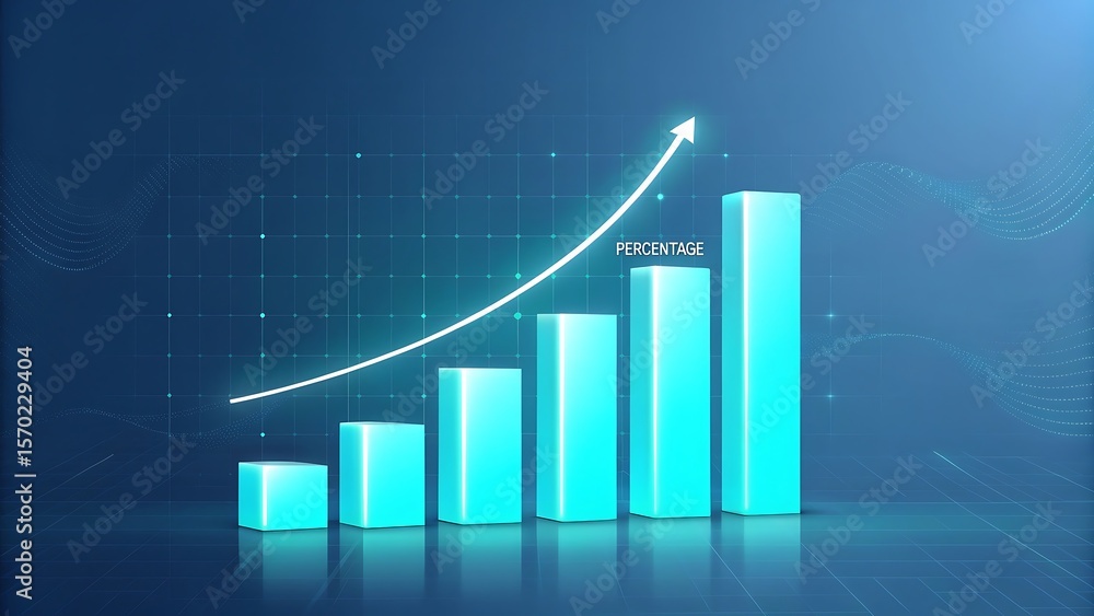 Poster glowing cyan bar chart with upward trending line and percentage indicator on a dark blue digital gri