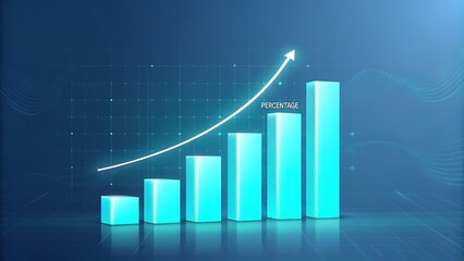 Glowing cyan bar chart with upward trending line and percentage indicator on a dark blue digital grid background representing growth and success
