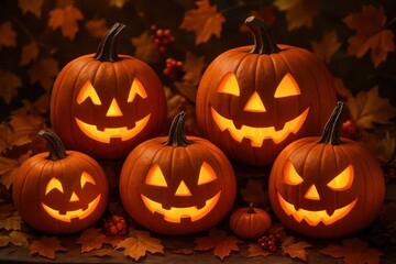 Fototapeta premium Spooky Halloween decorations with carved jack-o-lanterns and autumn leaves creating festive seasonal atmosphere