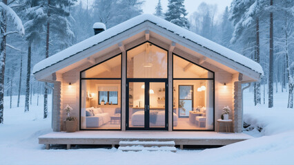 A cozy wooden cabin with large windows nestled in a snowy winter forest.